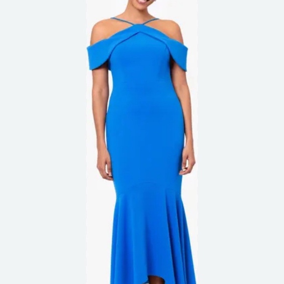 Xscape Evening Cold Shoulder Handkerchief Hem Scuba Crepe Gown in Blue - Picture 1 of 10